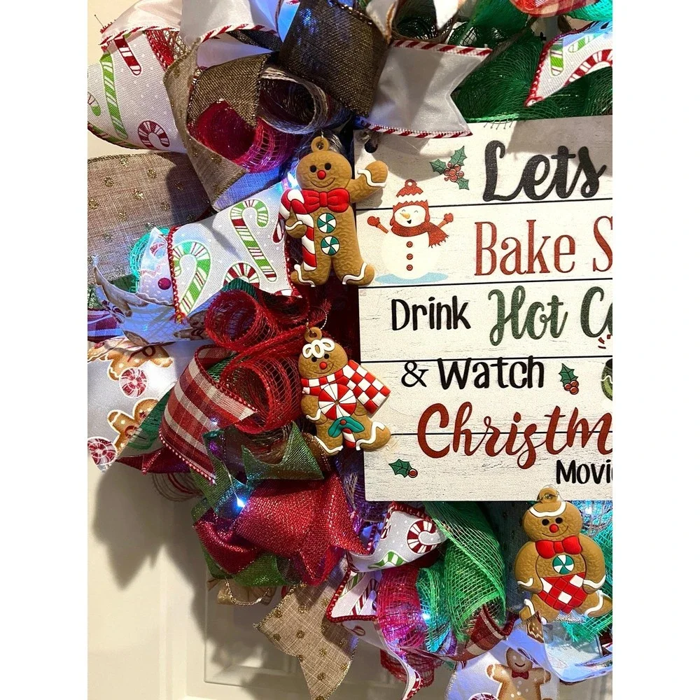 Christmas Gingerbread Man Holiday Ribbon Door Wreath Handmade 22 ins LED W5